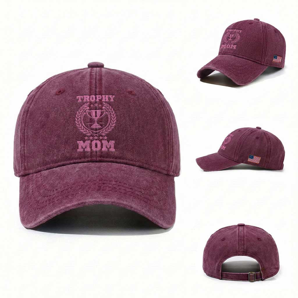 Trophy Mom Washed Cotton Baseball Cap Number One Mama Funny Mother's Day TS11 Washed Cap Universal Fit Burgundy Print Your Wear