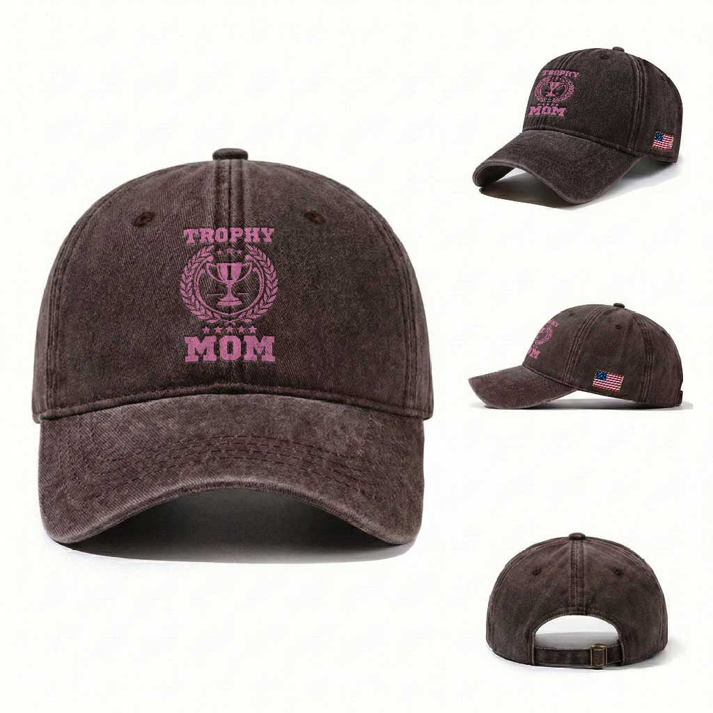 Trophy Mom Washed Cotton Baseball Cap Number One Mama Funny Mother's Day TS11 Washed Cap Universal Fit Dark Brown Print Your Wear