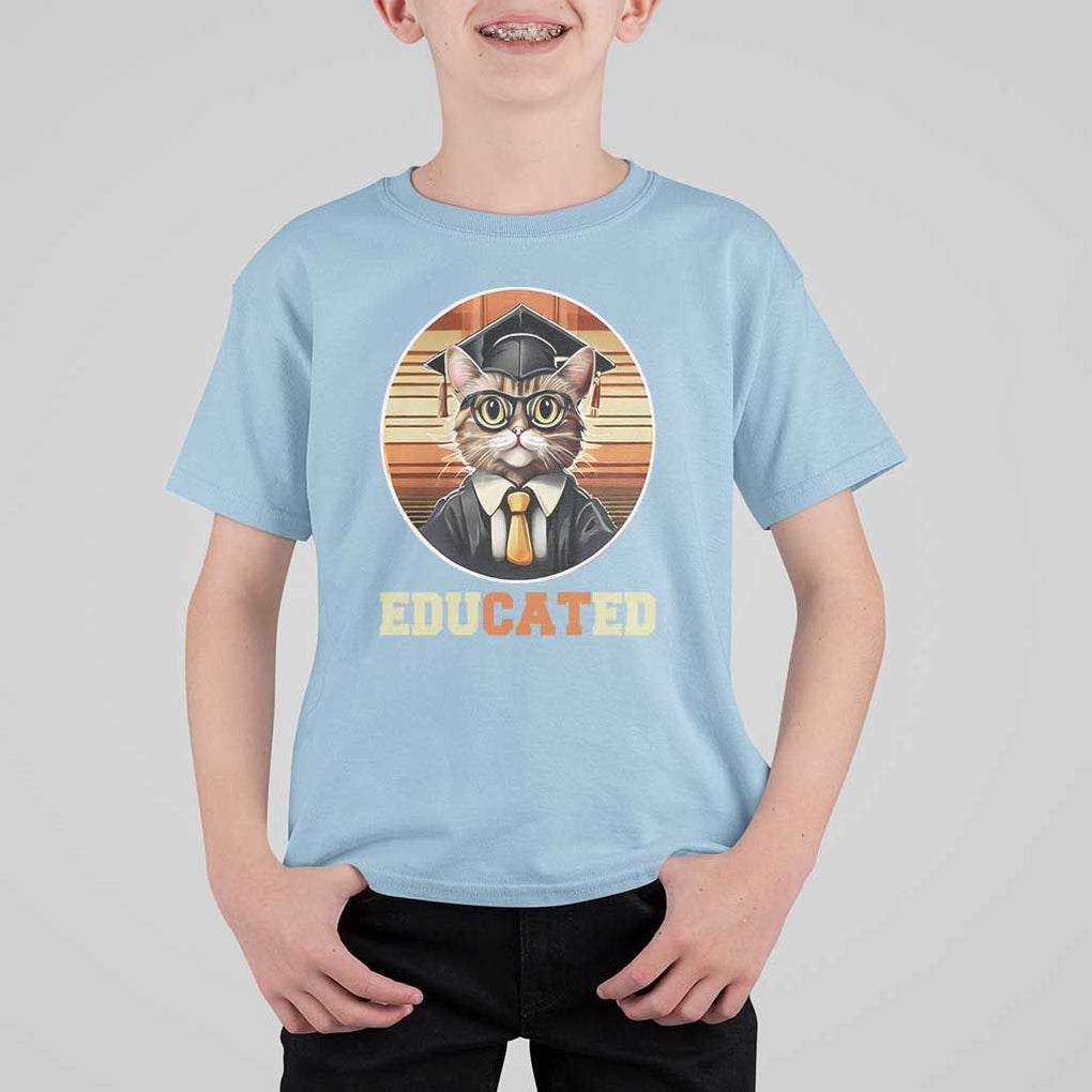 Funny Cat T Shirt For Kid Educated Graduation Academic Regalia Cap Gown TS11 Light Blue Print Your Wear