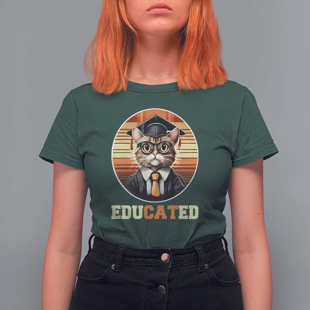 Funny Cat T Shirt For Women Educated Graduation Academic Regalia Cap Gown TS11 Dark Forest Green Print Your Wear