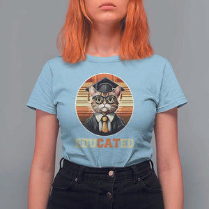 Funny Cat T Shirt For Women Educated Graduation Academic Regalia Cap Gown TS11 Light Blue Print Your Wear