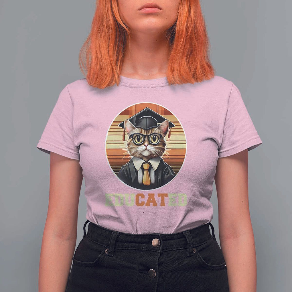 Funny Cat T Shirt For Women Educated Graduation Academic Regalia Cap Gown TS11 Light Pink Print Your Wear