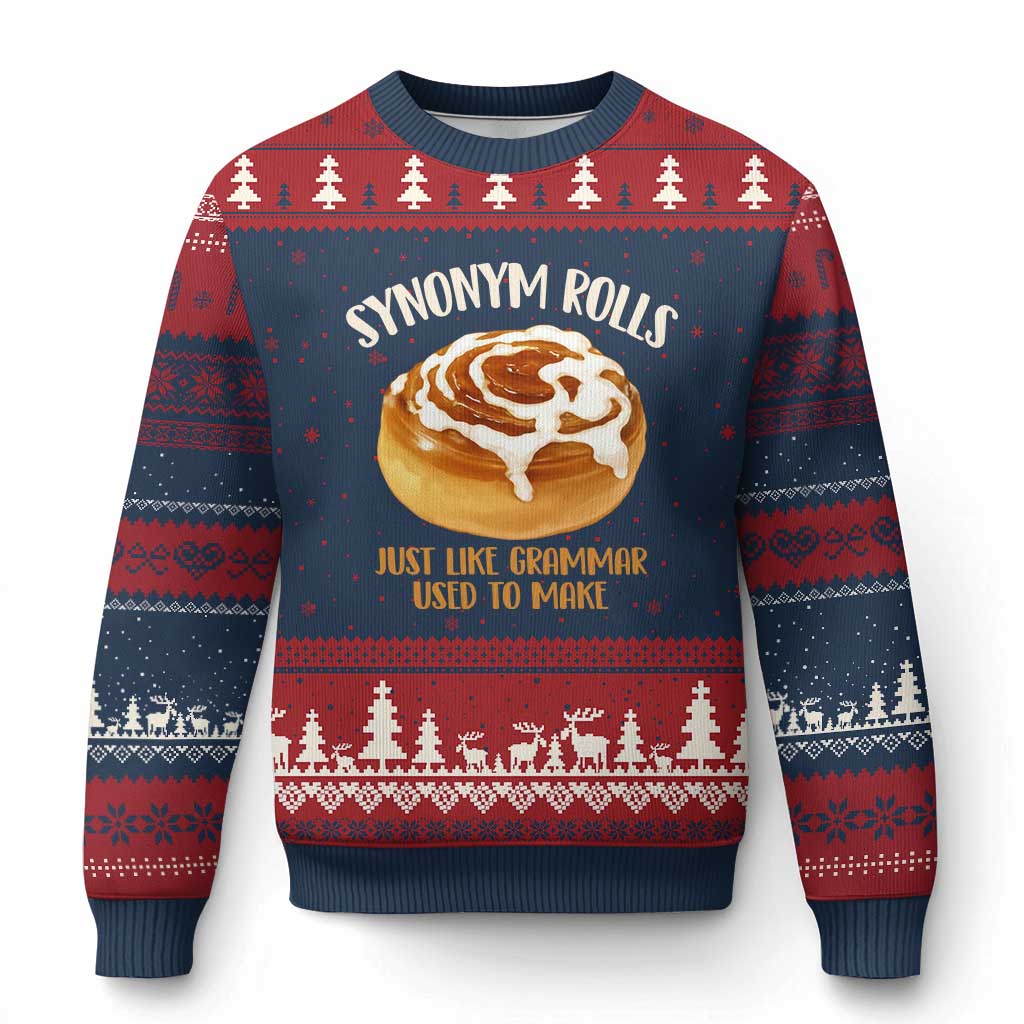 Funny Synonym Rolls Just Like Grammar Used To Make Ugly Christmas Sweater Cinnamon Rolls Grammar Pun TS11 Navy Red Print Your Wear