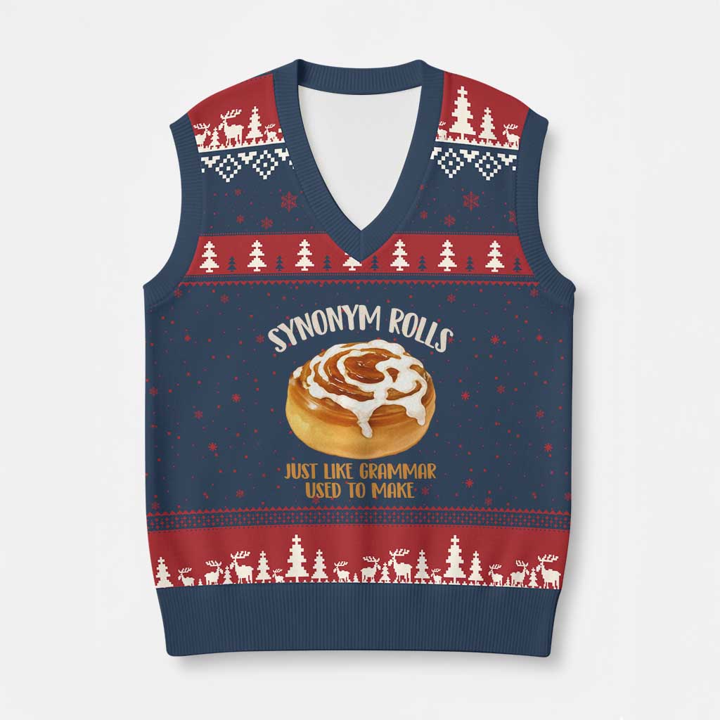 Funny Synonym Rolls Just Like Grammar Used To Make V-Neck Knit Sweater Vest Cinnamon Rolls Grammar Pun TS11 Navy Red Print Your Wear