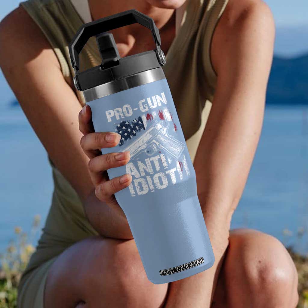 Pro Gun Anti Idiot Flip Straw Tumbler Vintage American Flag 2nd Amendment TS11 One Size: 30 oz Light Blue Print Your Wear