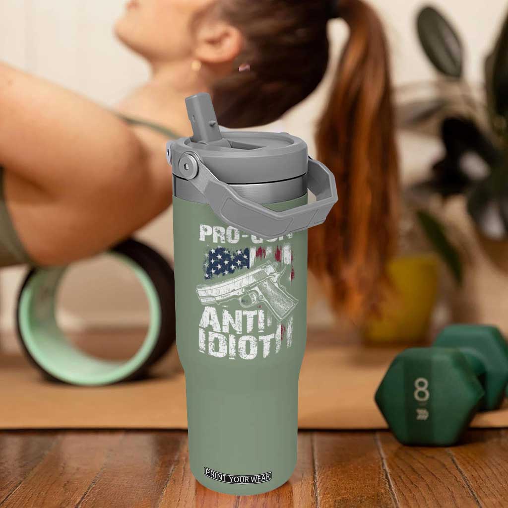 Pro Gun Anti Idiot Flip Straw Tumbler Vintage American Flag 2nd Amendment TS11 One Size: 30 oz Moss Green Print Your Wear