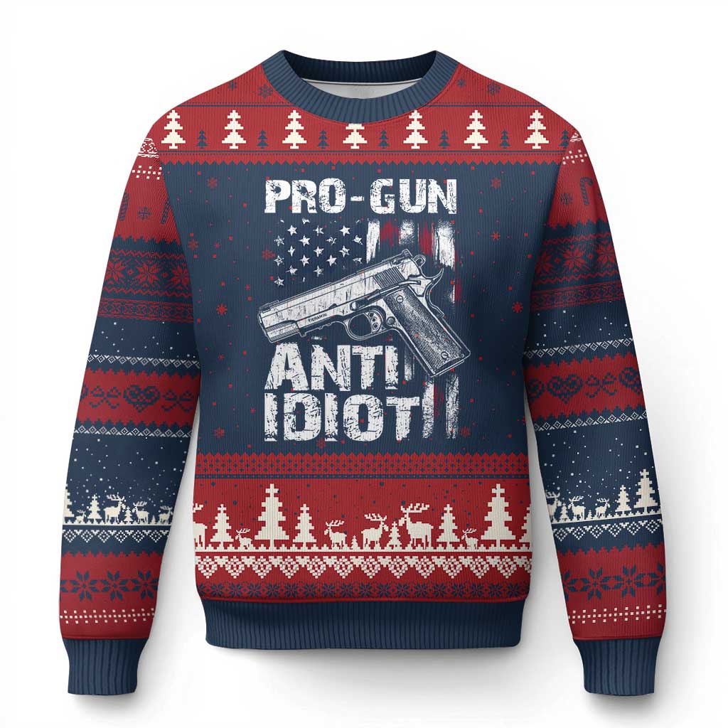 Pro Gun Anti Idiot Ugly Christmas Sweater Vintage American Flag 2nd Amendment - Print Your Wear