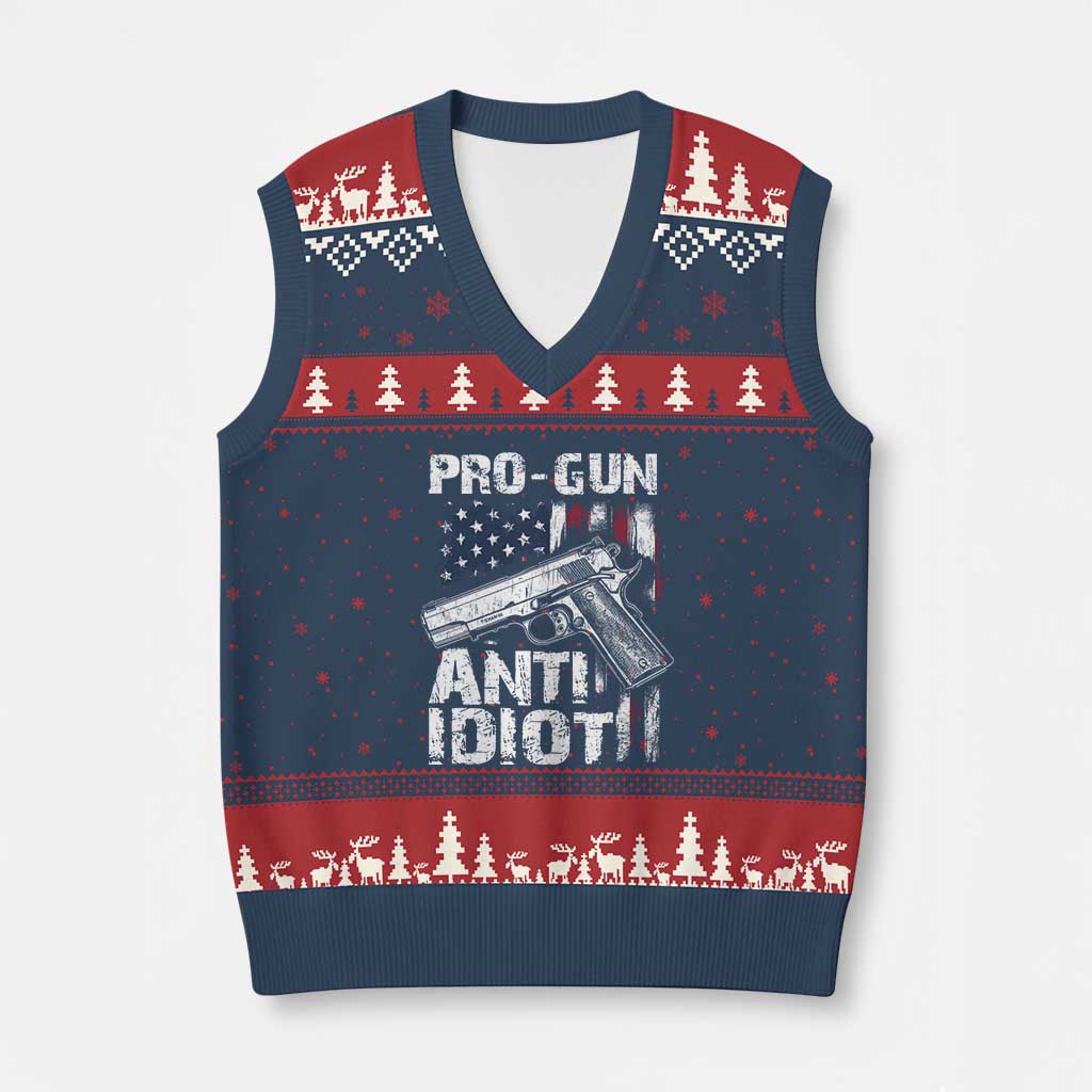 Pro Gun Anti Idiot V-Neck Knit Sweater Vest Vintage American Flag 2nd Amendment - Print Your Wear