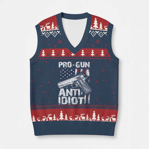 Pro Gun Anti Idiot V-Neck Knit Sweater Vest Vintage American Flag 2nd Amendment - Print Your Wear