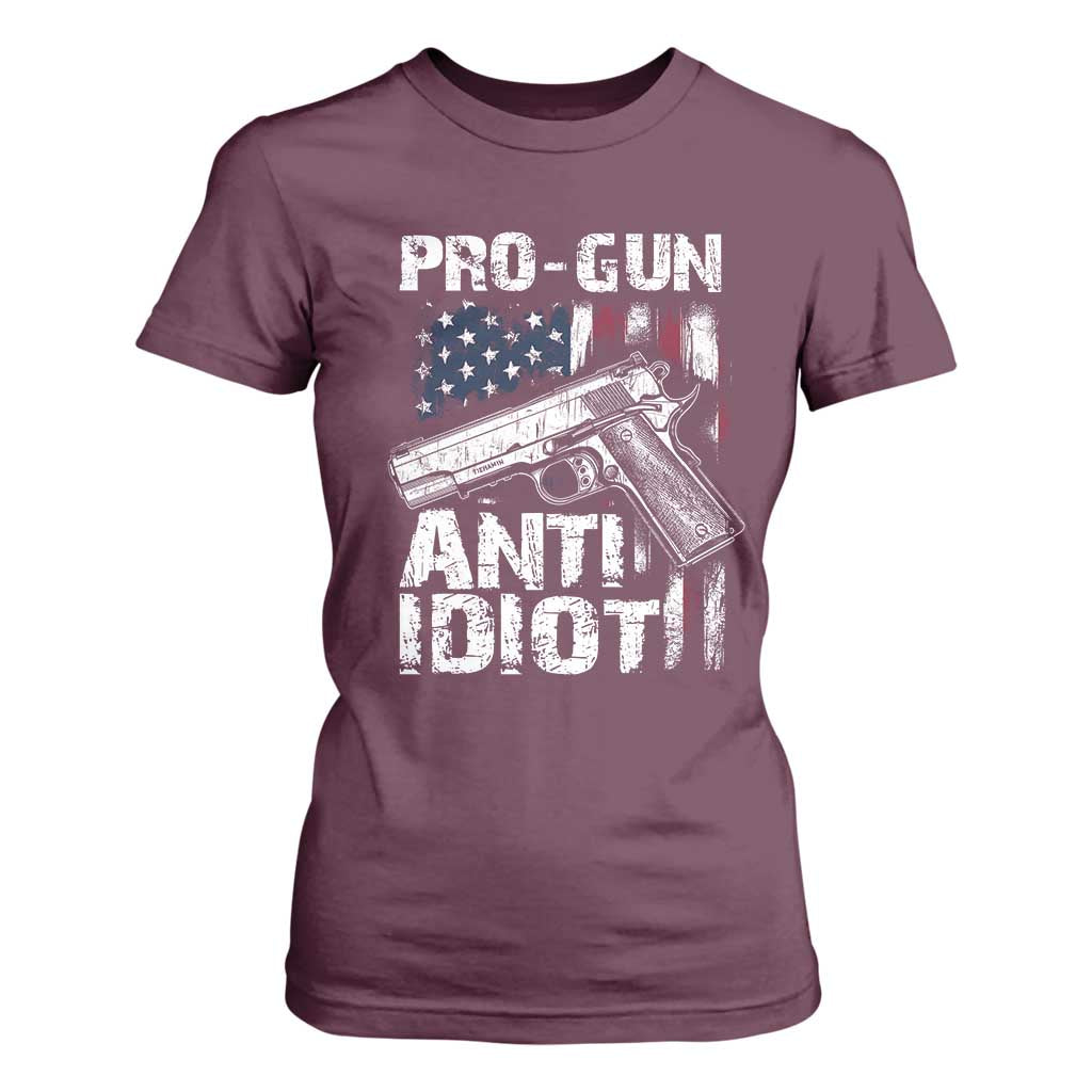 Pro Gun Anti Idiot T Shirt For Women Vintage American Flag 2nd Amendment TS11 Maroon Print Your Wear