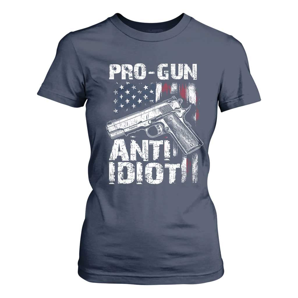 Pro Gun Anti Idiot T Shirt For Women Vintage American Flag 2nd Amendment TS11 Navy Print Your Wear