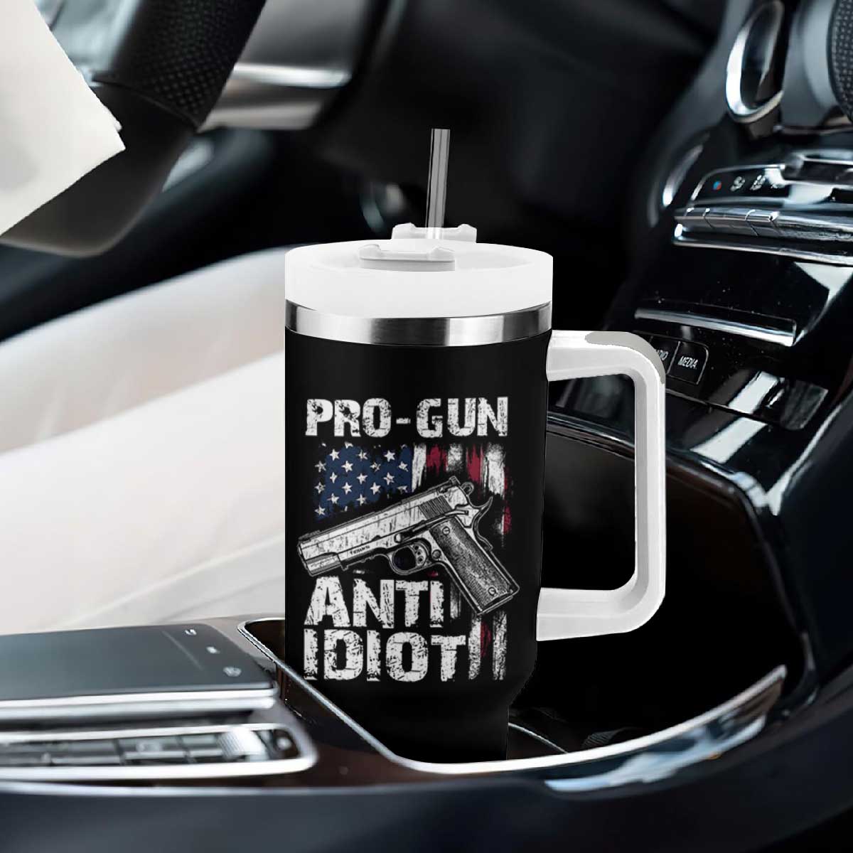 Pro Gun Anti Idiot Tumbler With Handle Vintage American Flag 2nd Amendment TS11 Print Your Wear