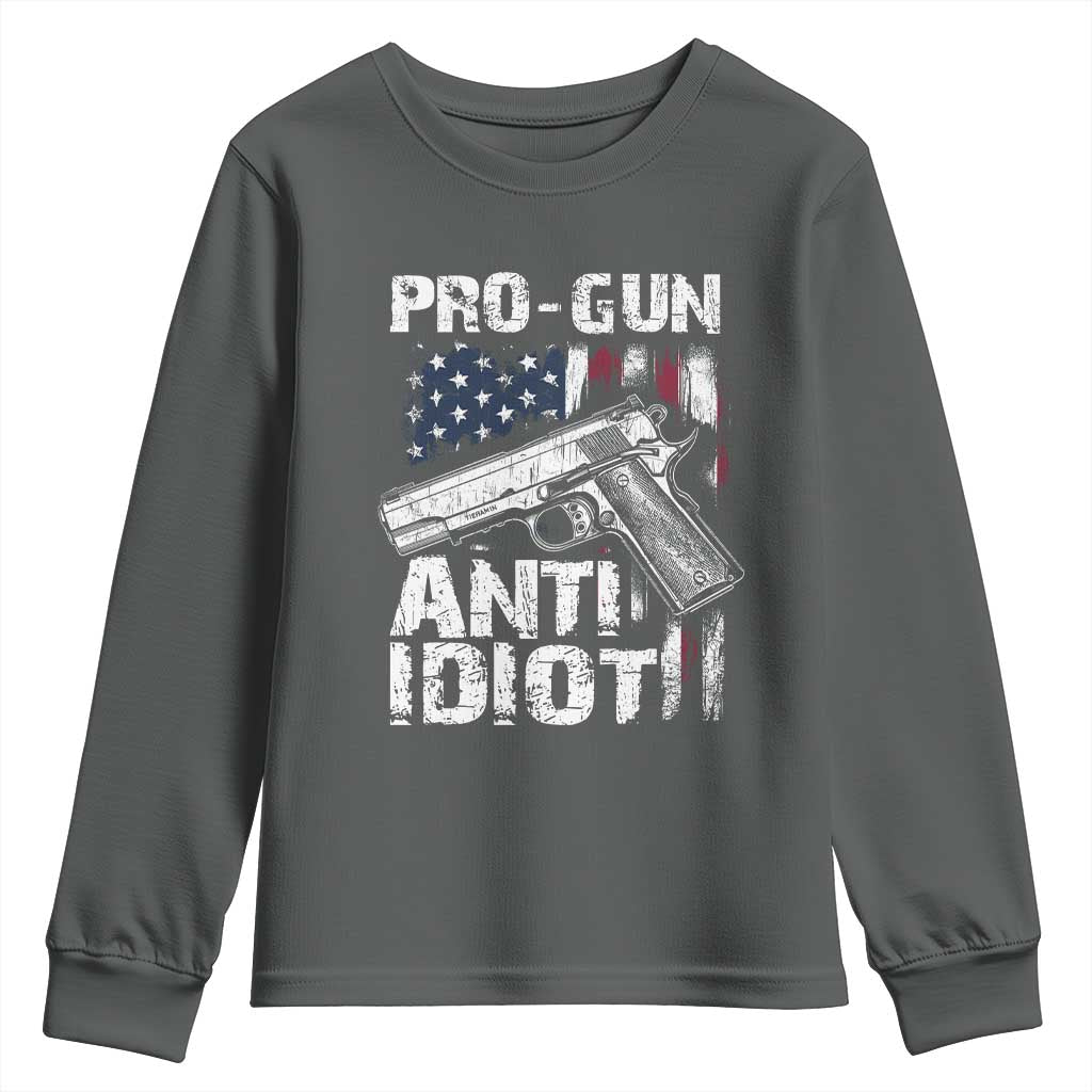 Pro Gun Anti Idiot Youth Sweatshirt Vintage American Flag 2nd Amendment TS11 Dark Heather Print Your Wear