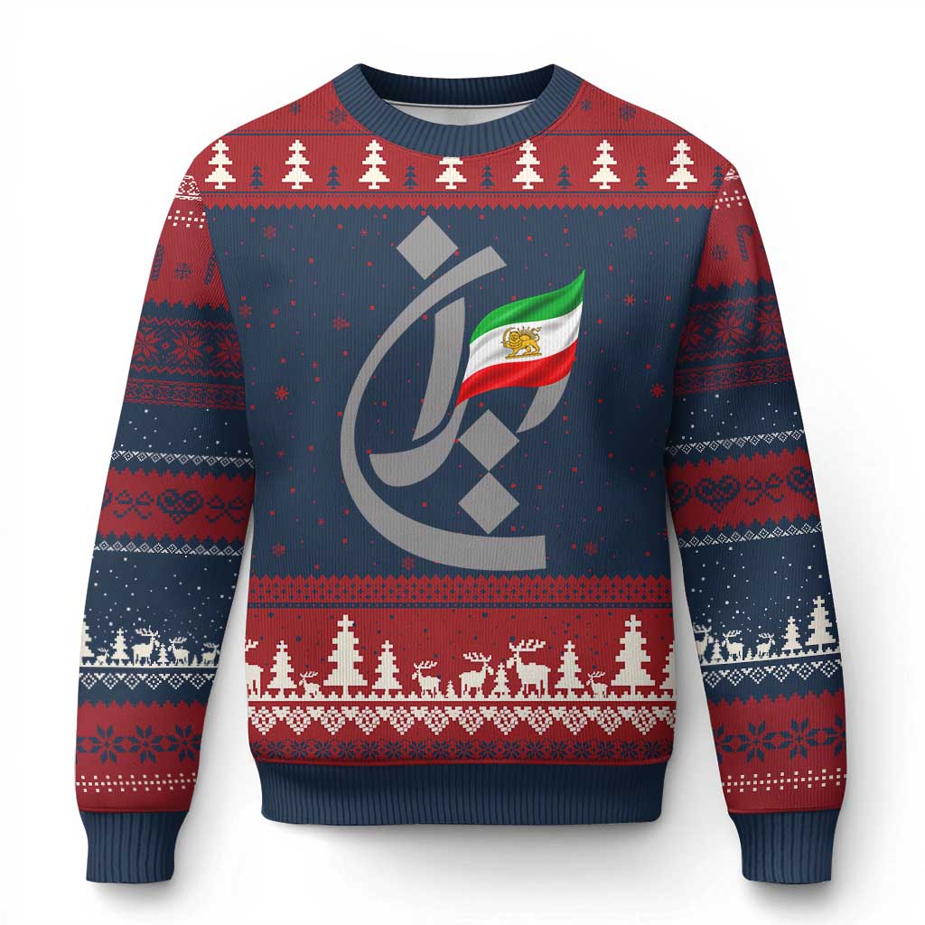 Iran Lion and Sun Flag Persian Calligraphy Ugly Christmas Sweater TS11 Navy Red Print Your Wear