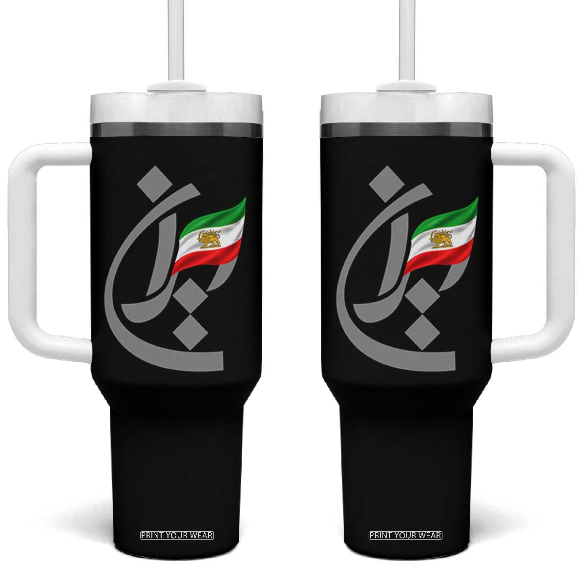 Iran Lion and Sun Flag Persian Calligraphy Tumbler With Handle