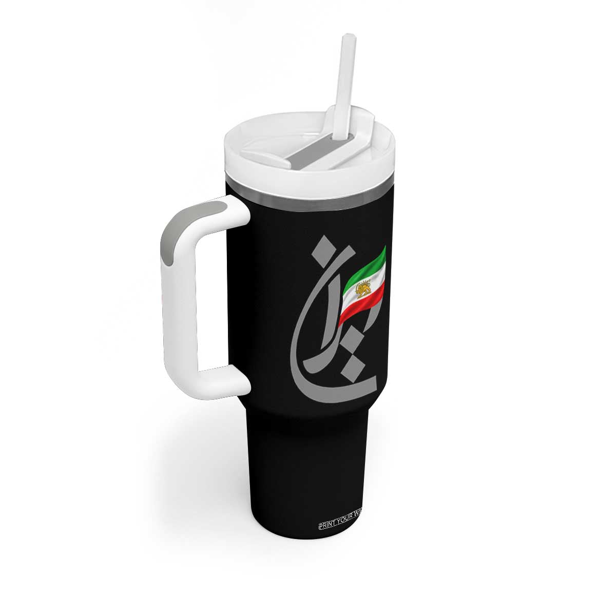 Iran Lion and Sun Flag Persian Calligraphy Tumbler With Handle