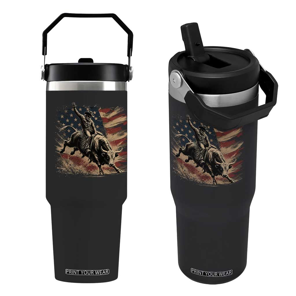 Patiotic Bull Rider Vintage Bull Riding Cowboy American Flag Flip Straw Tumbler TS11 One Size: 30 oz Black Print Your Wear