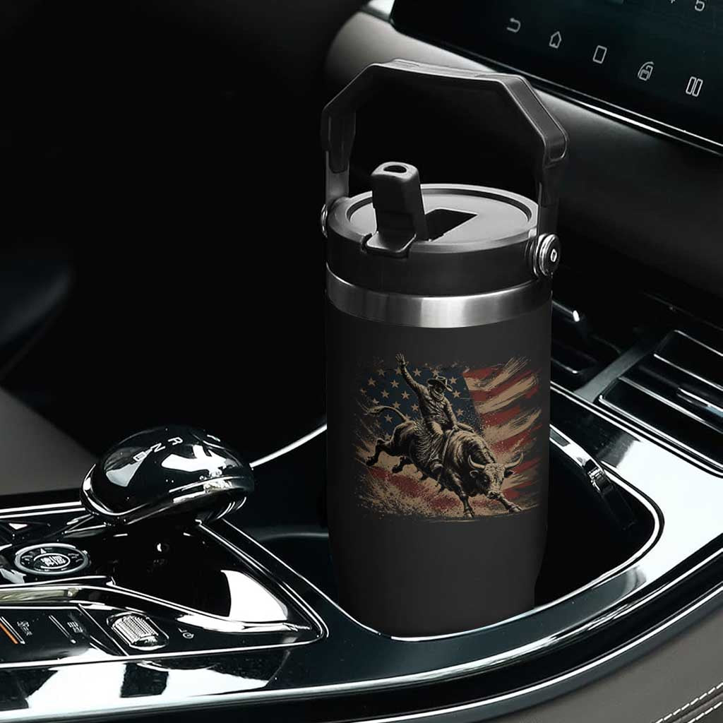 Patiotic Bull Rider Vintage Bull Riding Cowboy American Flag Flip Straw Tumbler
