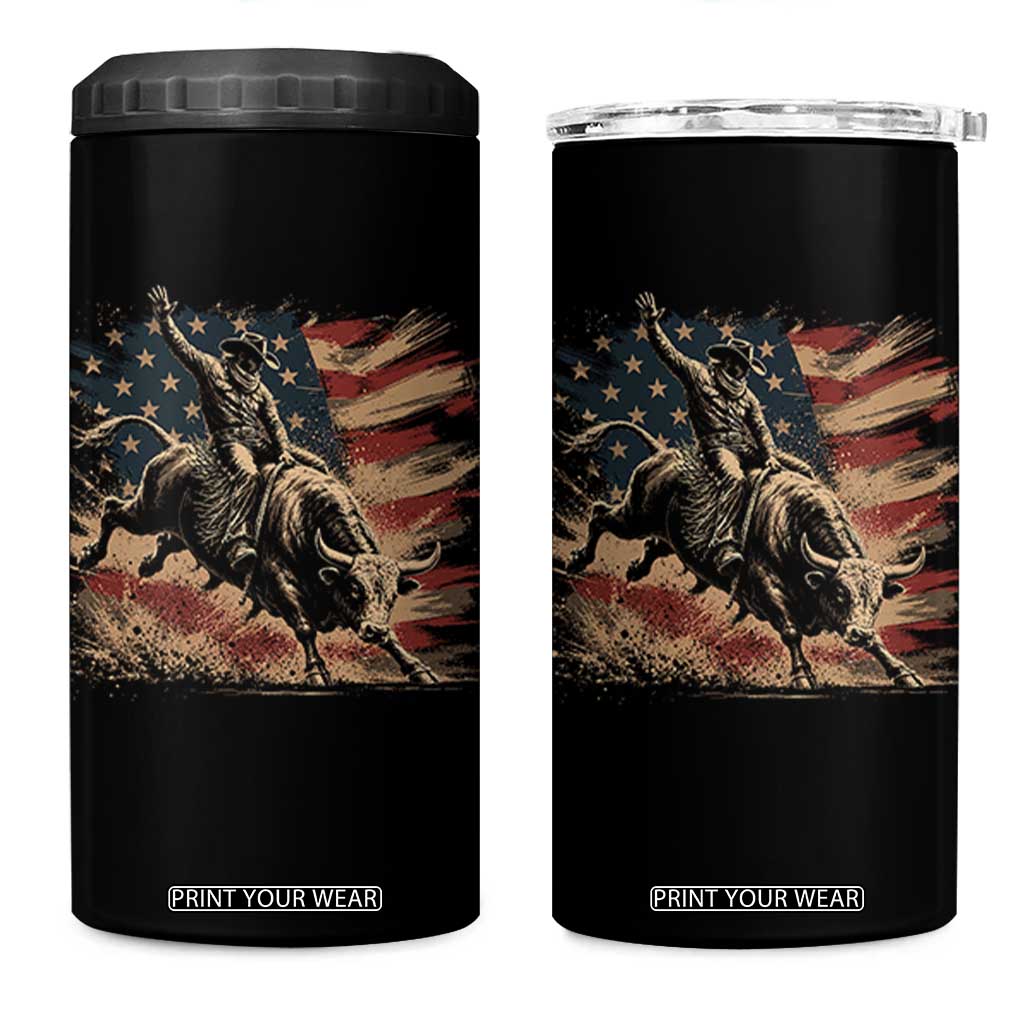 Patiotic Bull Rider Vintage Bull Riding Cowboy American Flag 4 in 1 Can Cooler Tumbler TS11 One Size: 16 oz Black Print Your Wear