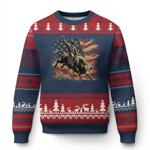 Patiotic Bull Rider Vintage Bull Riding Cowboy American Flag Ugly Christmas Sweater