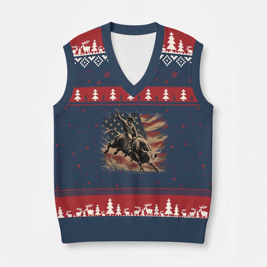 Patiotic Bull Rider Vintage Bull Riding Cowboy American Flag V-Neck Knit Sweater Vest TS11 Navy Red Print Your Wear