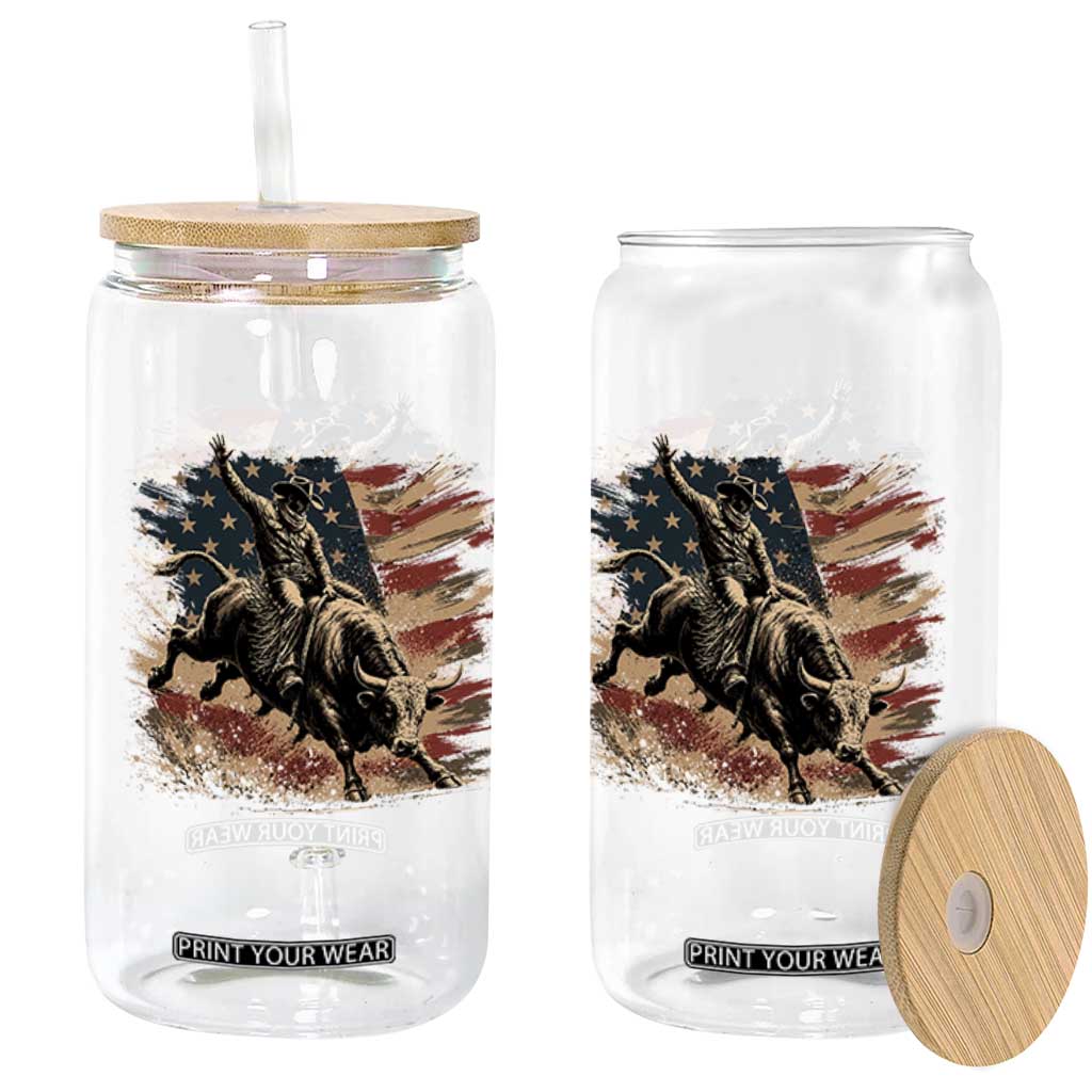 Patiotic Bull Rider Vintage Bull Riding Cowboy American Flag Glass Can