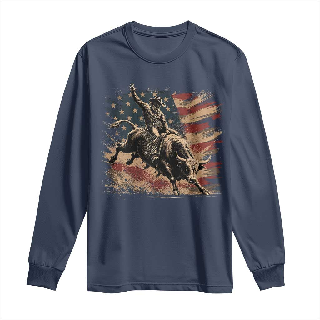 Patiotic Bull Rider Vintage Bull Riding Cowboy American Flag Long Sleeve Shirt