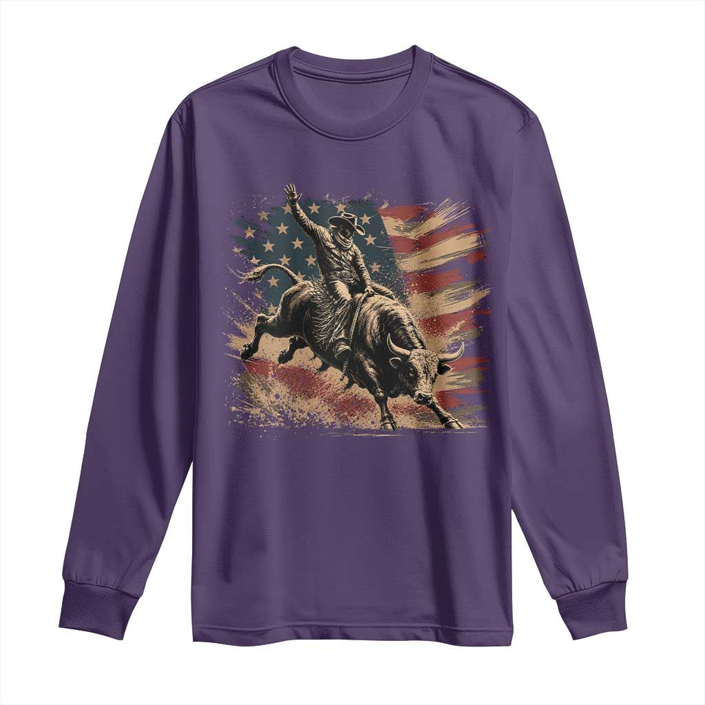 Patiotic Bull Rider Vintage Bull Riding Cowboy American Flag Long Sleeve Shirt