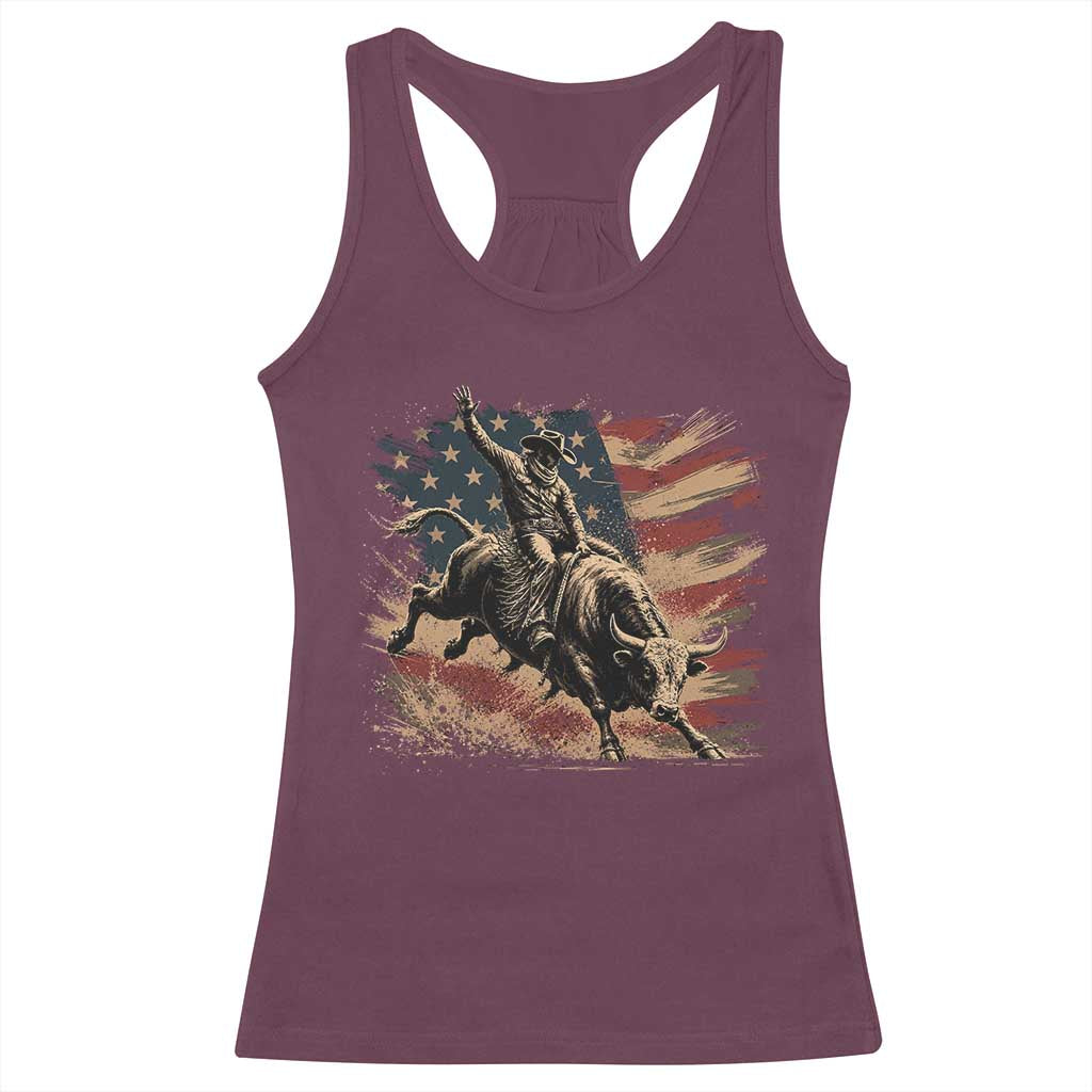 Patiotic Bull Rider Vintage Bull Riding Cowboy American Flag Racerback Tank Top