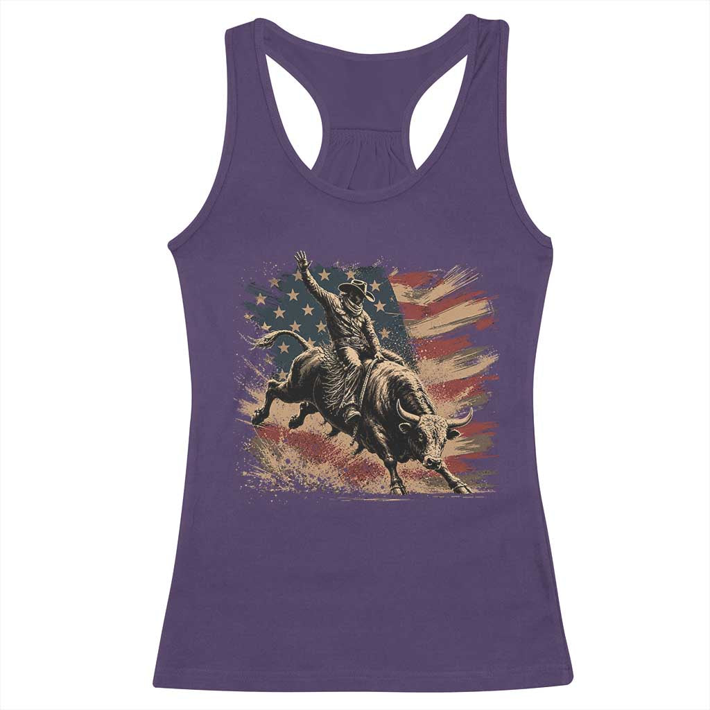 Patiotic Bull Rider Vintage Bull Riding Cowboy American Flag Racerback Tank Top