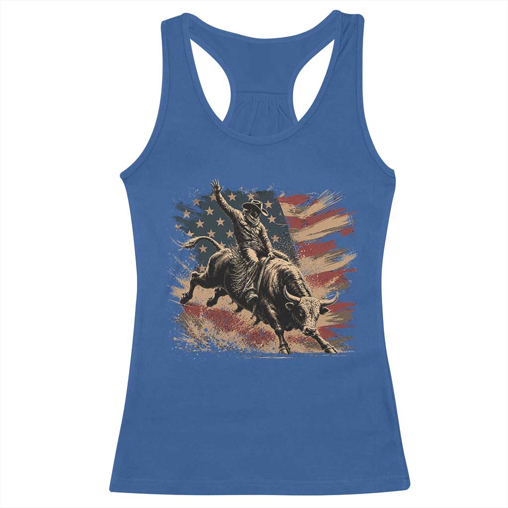 Patiotic Bull Rider Vintage Bull Riding Cowboy American Flag Racerback Tank Top