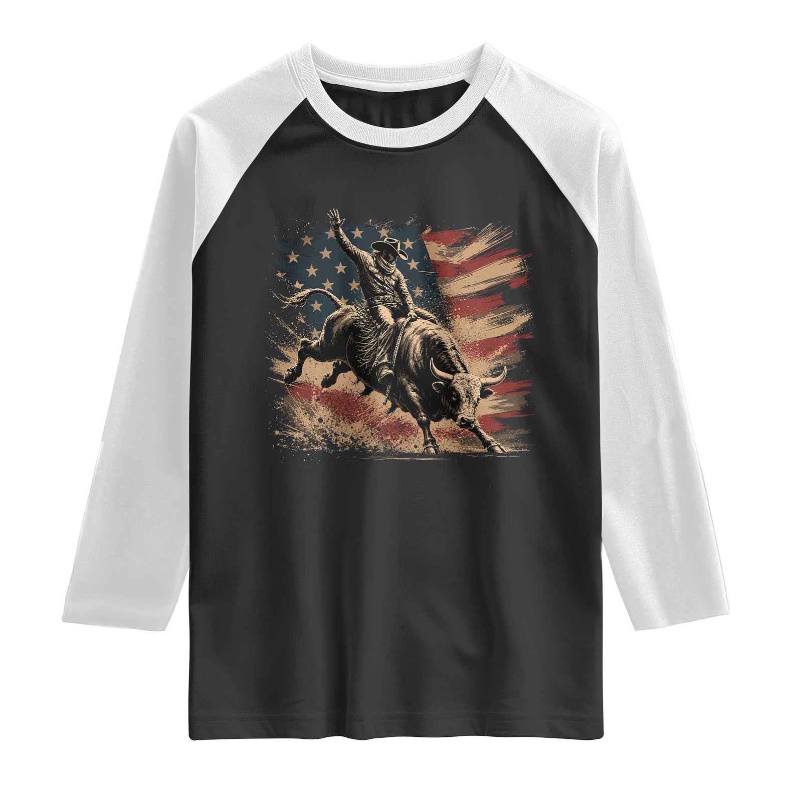 Patiotic Bull Rider Vintage Bull Riding Cowboy American Flag Raglan Shirt TS11 Black White Print Your Wear