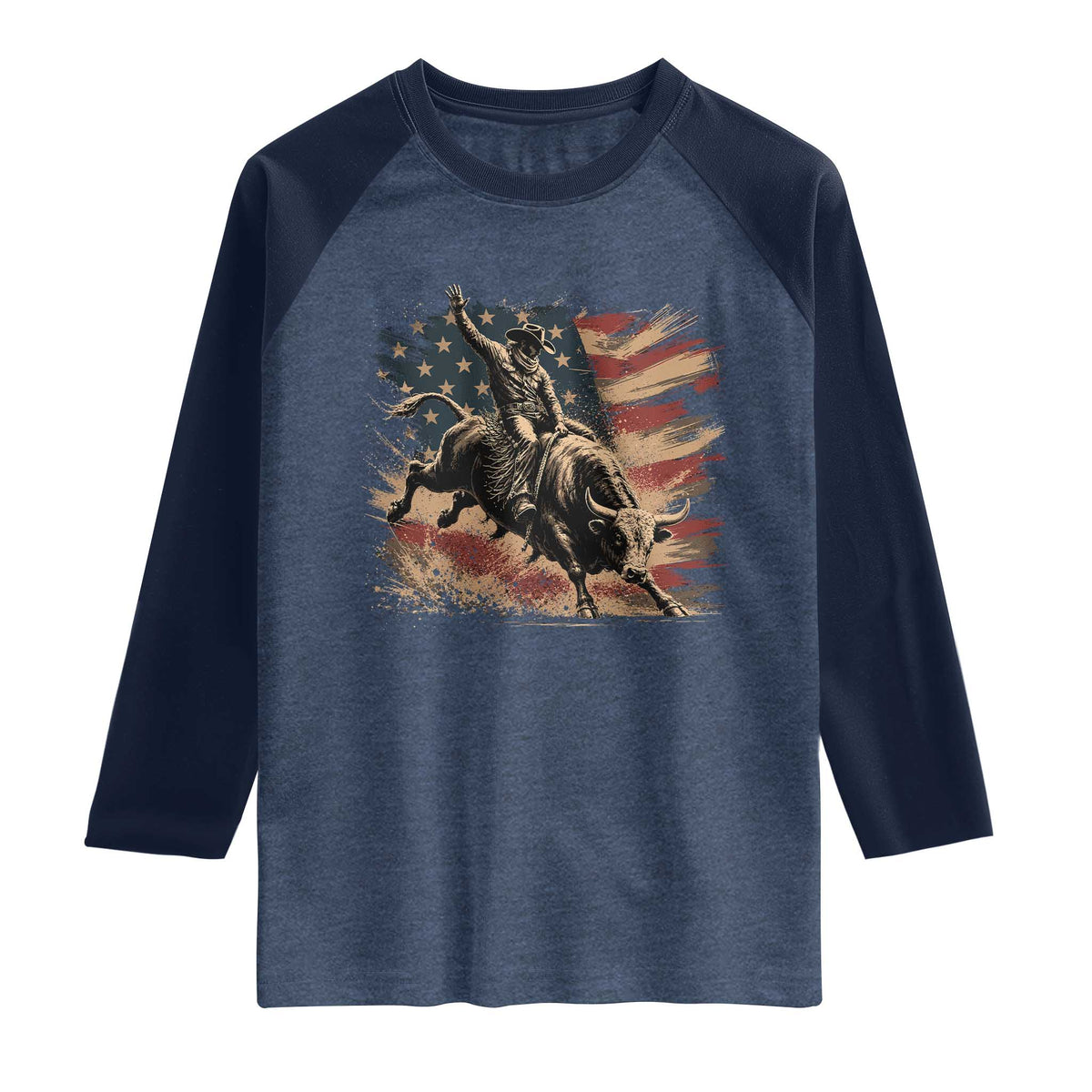 Patiotic Bull Rider Vintage Bull Riding Cowboy American Flag Raglan Shirt