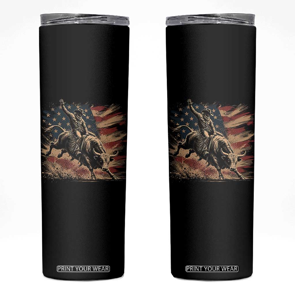Patiotic Bull Rider Vintage Bull Riding Cowboy American Flag Skinny Tumbler TS11 Black Print Your Wear