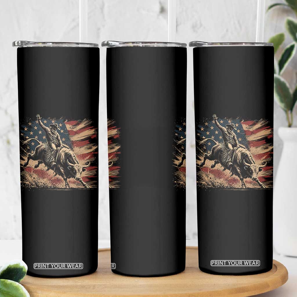 Patiotic Bull Rider Vintage Bull Riding Cowboy American Flag Skinny Tumbler