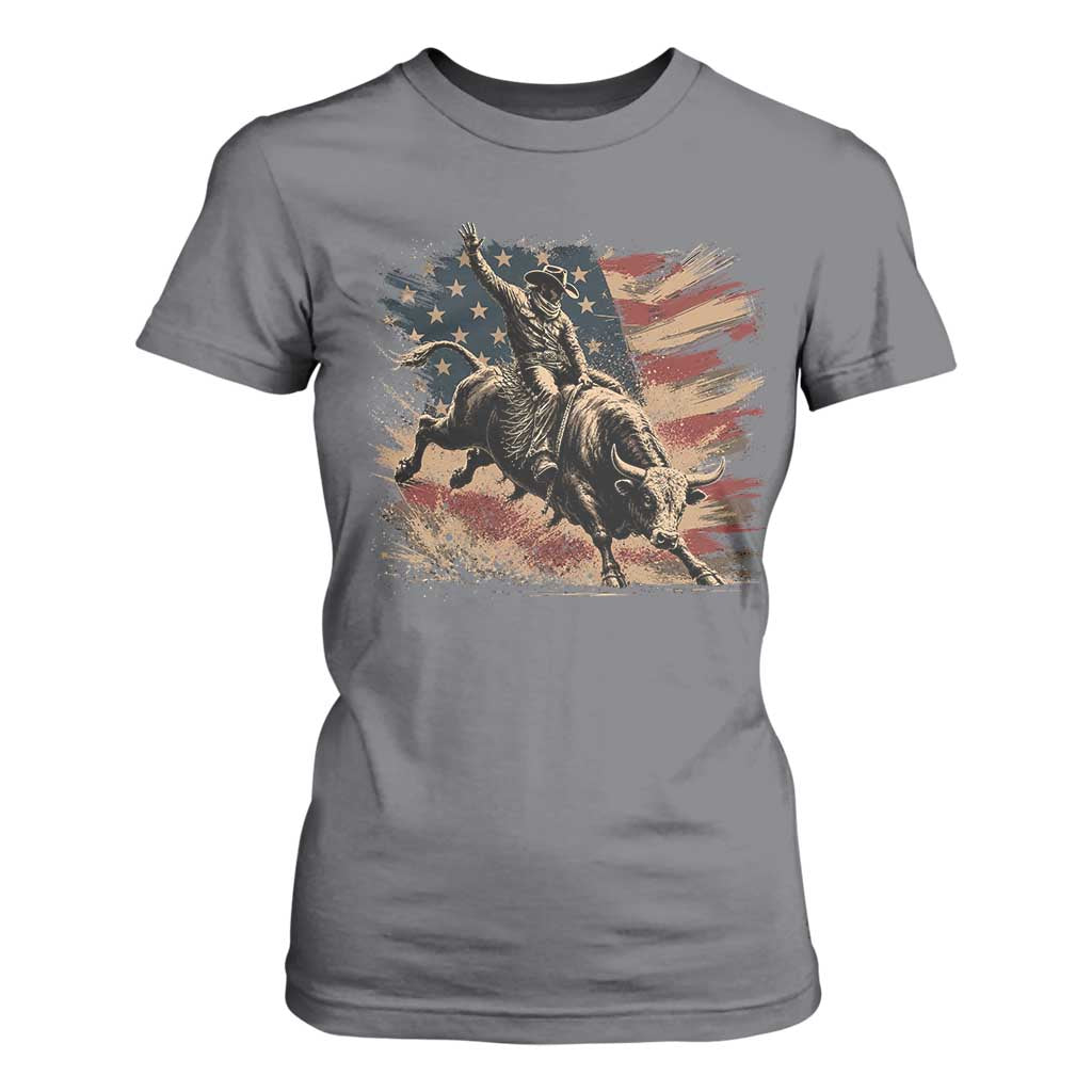 Patiotic Bull Rider Vintage Bull Riding Cowboy American Flag T Shirt For Women