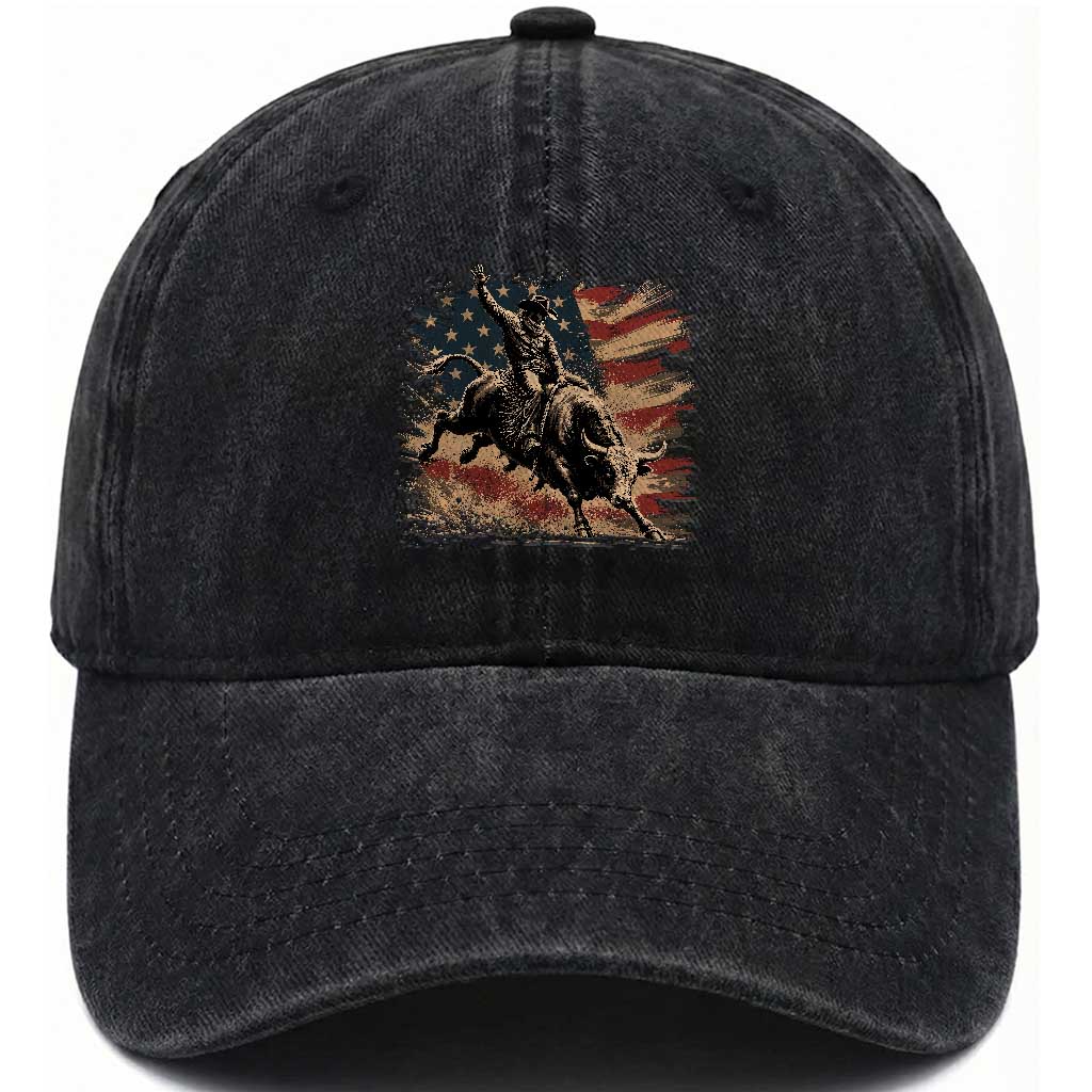 Patiotic Bull Rider Vintage Bull Riding Cowboy American Flag Washed Cotton Baseball Cap TS11 Print Your Wear