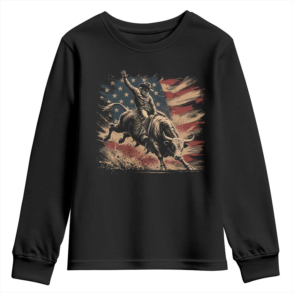 Patiotic Bull Rider Vintage Bull Riding Cowboy American Flag Youth Sweatshirt TS11 Black Print Your Wear