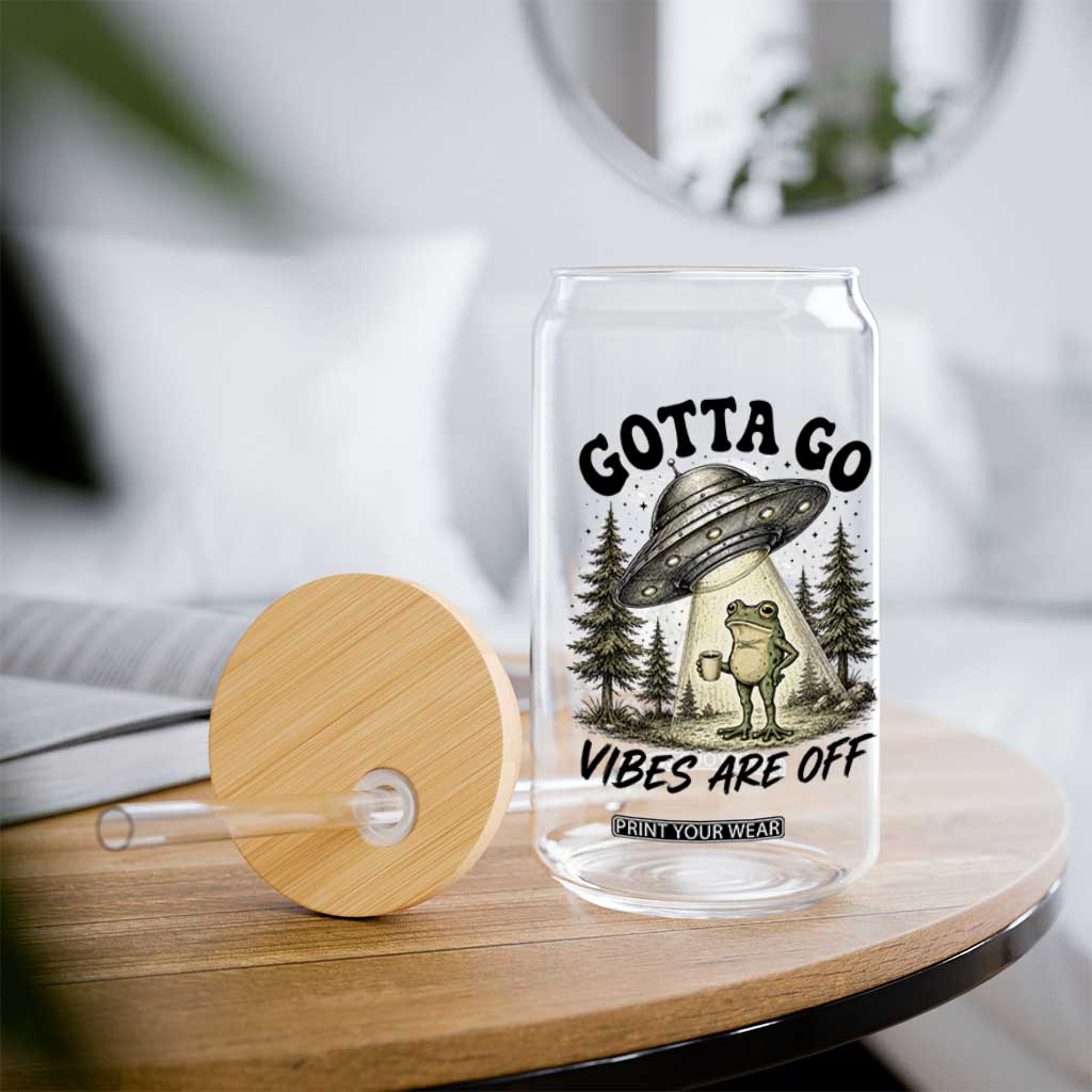 Funny Frog Alien Abduction Glass Can Gotta Go Vibes Are Off UFO Forest