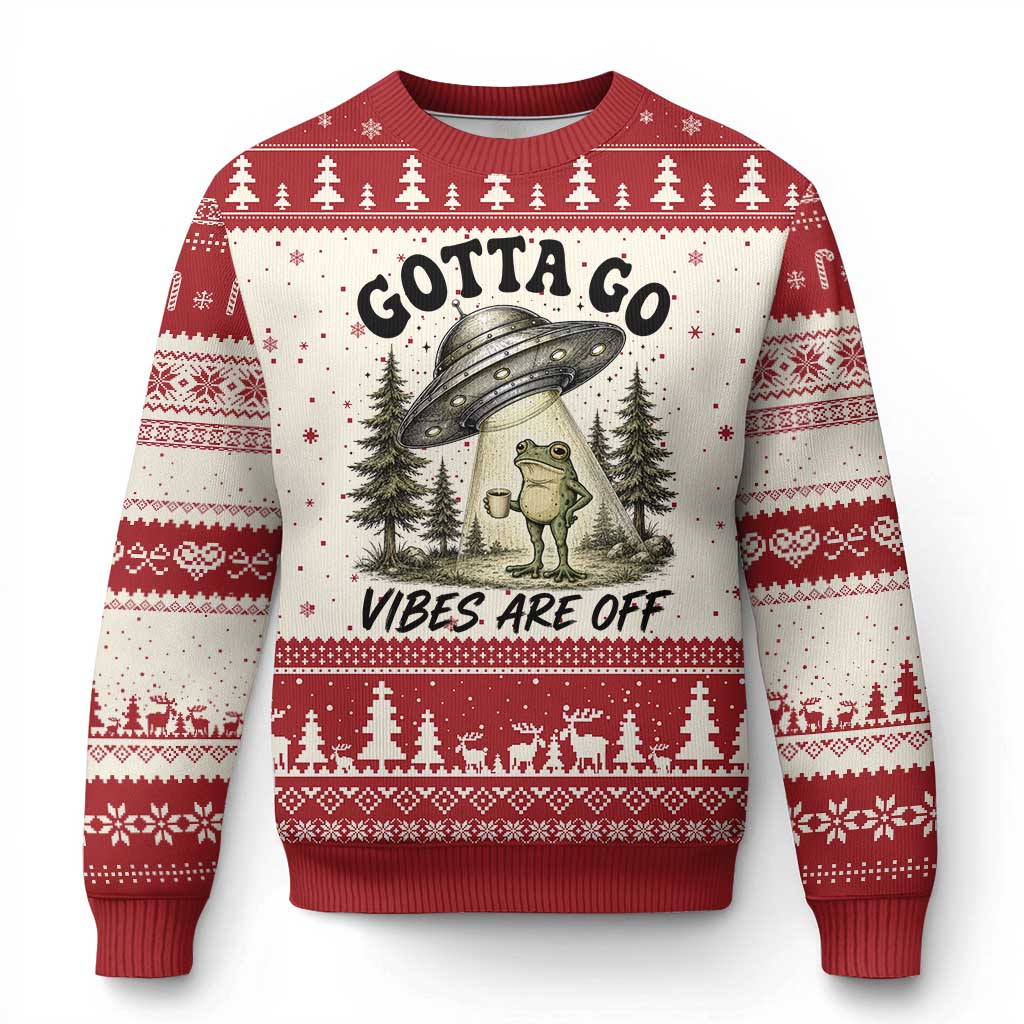 Funny Frog Alien Abduction Ugly Christmas Sweater Gotta Go Vibes Are Off UFO Forest TS11 Beige Red Print Your Wear