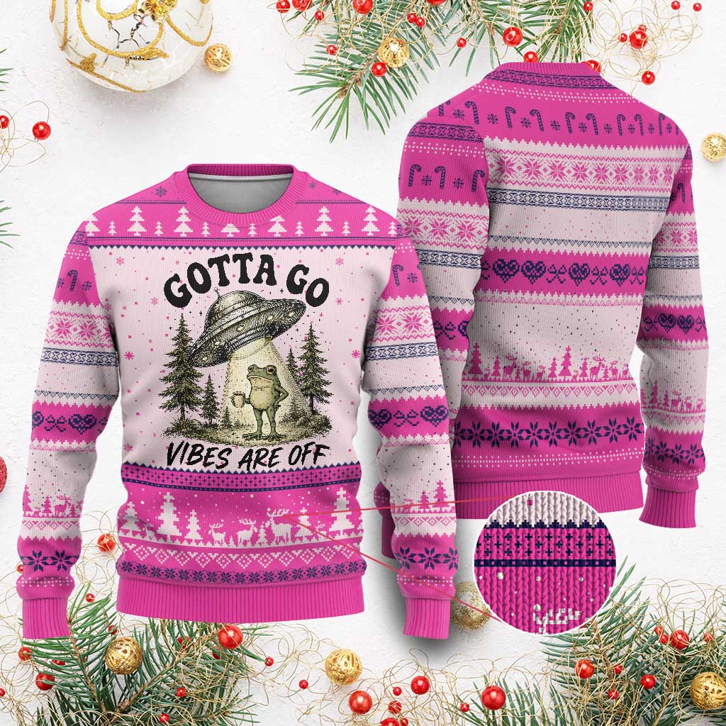 Funny Frog Alien Abduction Ugly Christmas Sweater Gotta Go Vibes Are Off UFO Forest