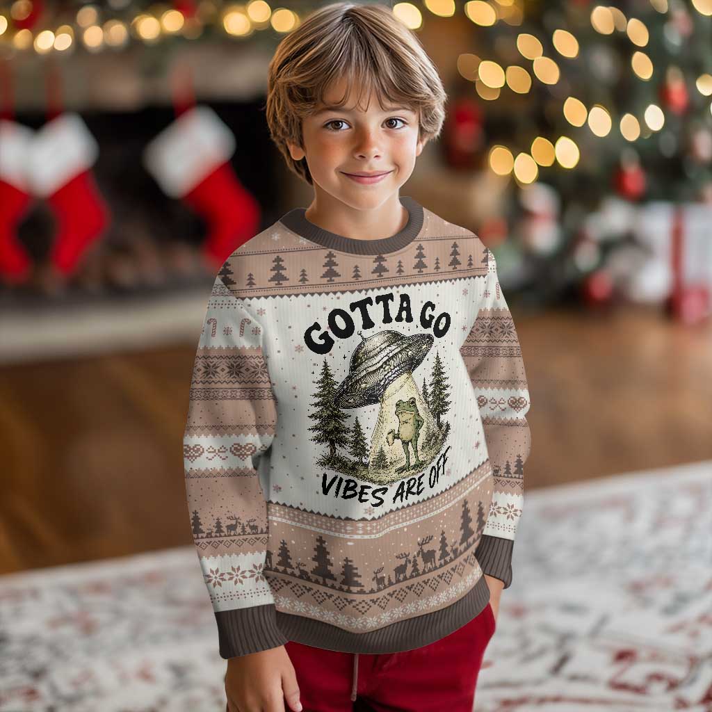 Funny Frog Alien Abduction Ugly Christmas Sweater Gotta Go Vibes Are Off UFO Forest