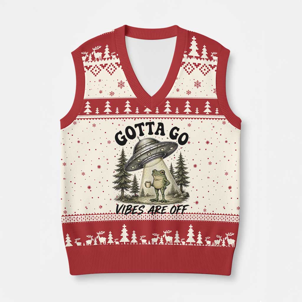 Funny Frog Alien Abduction V-Neck Knit Sweater Vest Gotta Go Vibes Are Off UFO Forest