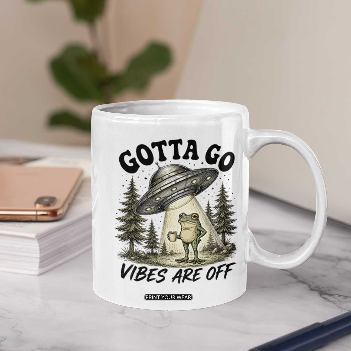 Funny Frog Alien Abduction Coffee Mug Gotta Go Vibes Are Off UFO Forest