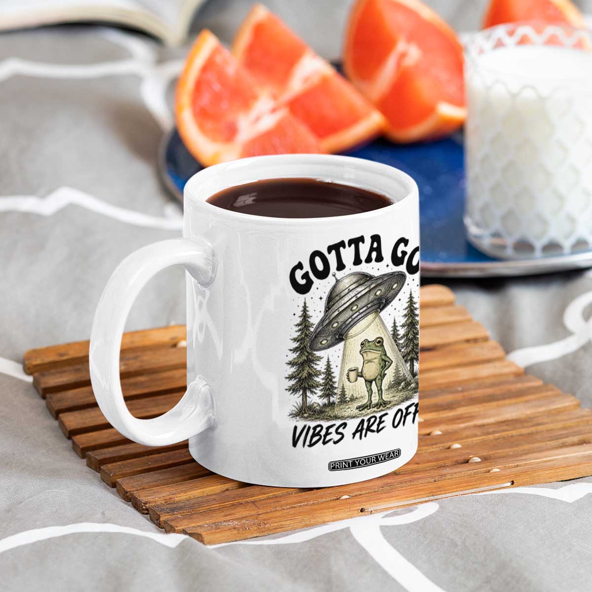 Funny Frog Alien Abduction Coffee Mug Gotta Go Vibes Are Off UFO Forest