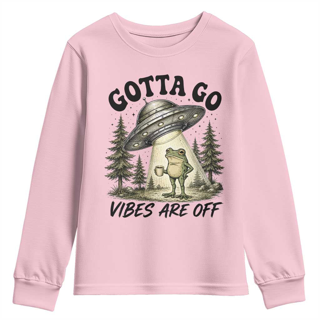 Funny Frog Alien Abduction Youth Sweatshirt Gotta Go Vibes Are Off UFO Forest