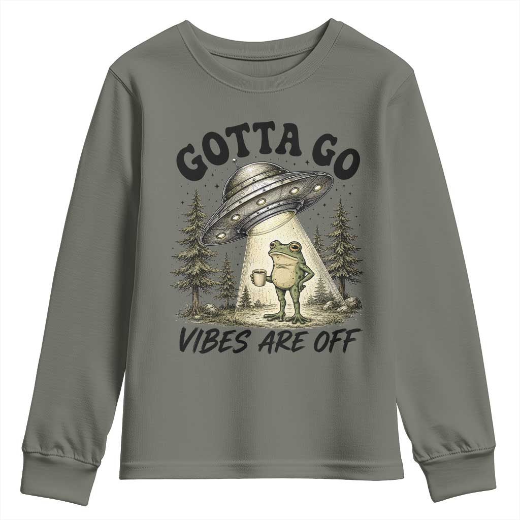 Funny Frog Alien Abduction Youth Sweatshirt Gotta Go Vibes Are Off UFO Forest