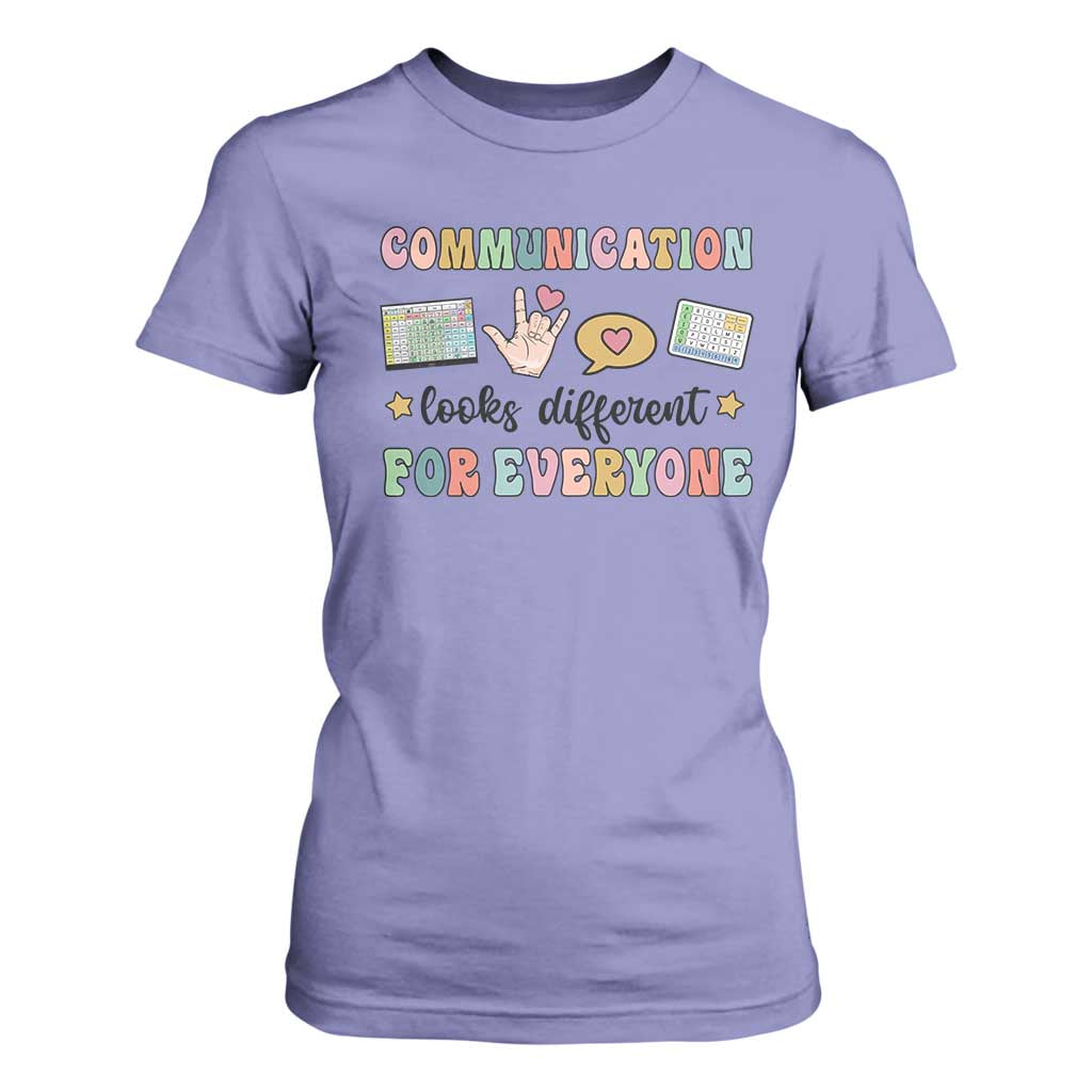 Special Education Teacher T Shirt For Women Communication Looks Different For Everyone Autism Speech Therapy TS11 Violet Print Your Wear