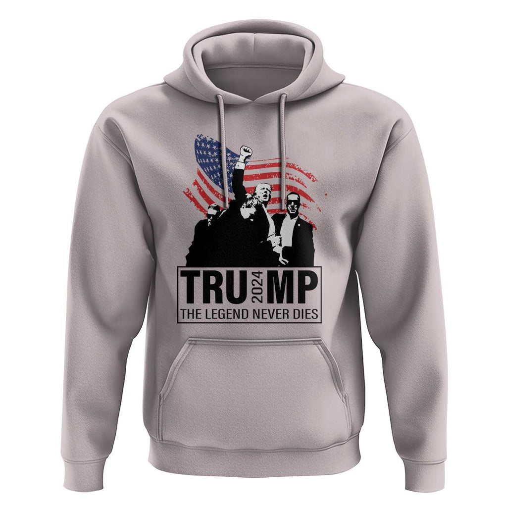 Trump The Legend Never Dies 2024 Hoodie American Flag Raised Fist TS11 Ice Gray Print Your Wear