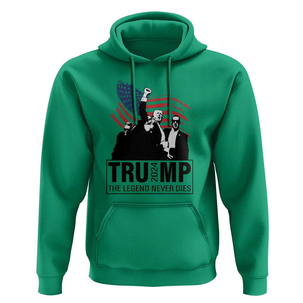 Trump The Legend Never Dies 2024 Hoodie American Flag Raised Fist TS11 Irish Green Print Your Wear